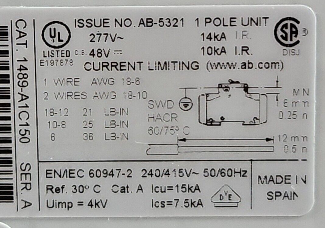 Allen Bradley 1489-A1C150 Ser A Circuit Breaker 1-Pole 15A 277VAC.         4D-19