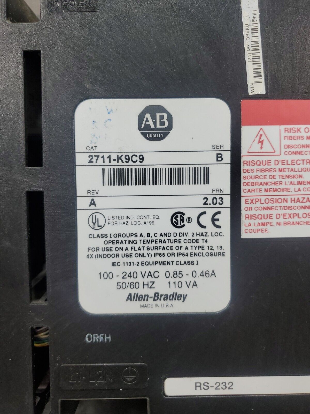 ALLEN-BRADLEY 2711-K9C9 Ser. B Rev. A FRN 2.03 PANELVIEW 900 HMI Panel.       2D