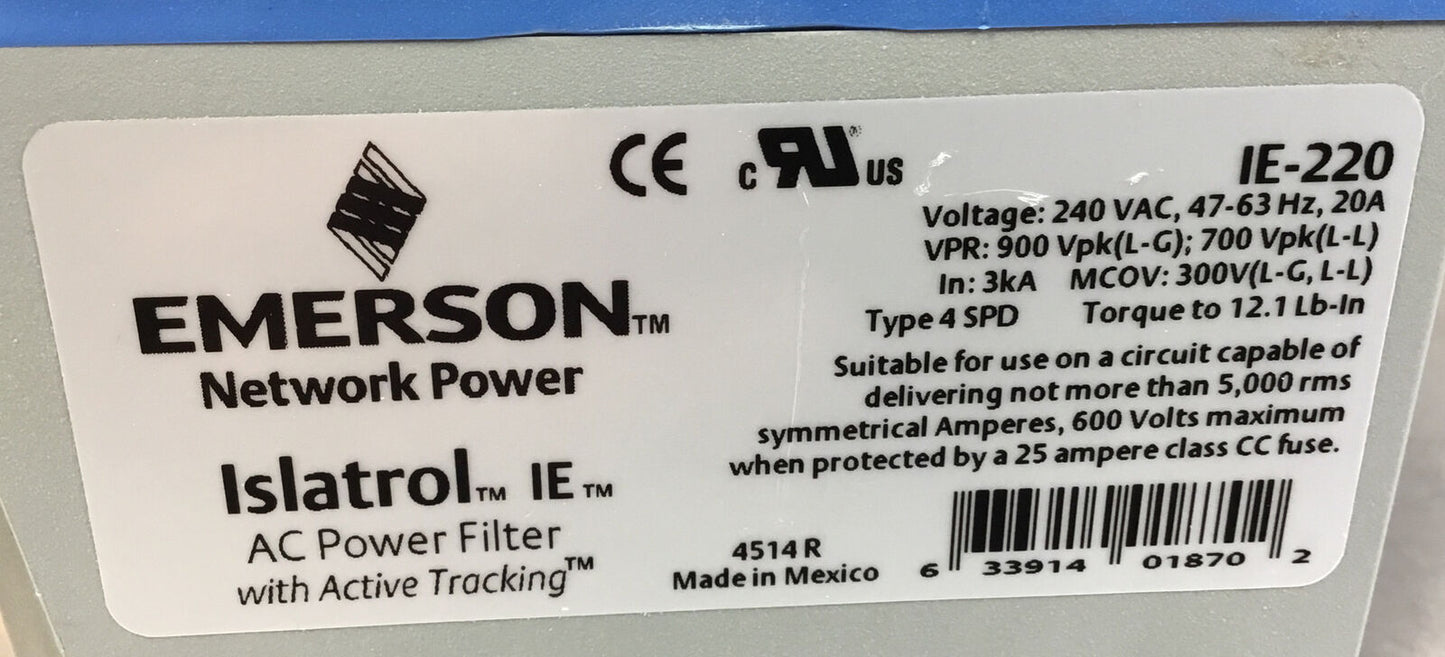 EMERSON ISLATROL  IE-220  AC POWER FILTER 240 VAC  47-63HZ 20A   4C