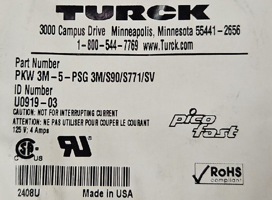 TURCK PKW 3M-5-PSG 3M/S90/S771/SV PLC Cable                             Loc 5D-9