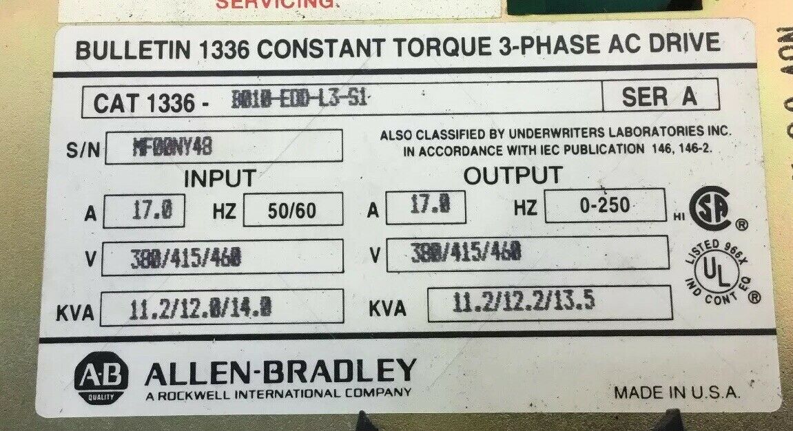 Allen Bradley 1336-B010-EDD-L3-S1 /A Constant Torque 3PH AC Drive  1F