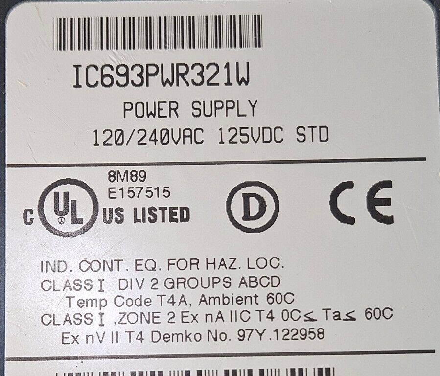 GE Fanuc IC693PWR321W Series 90-30 Power Supply 120/240VAC 125VDC.      Loc3D-21