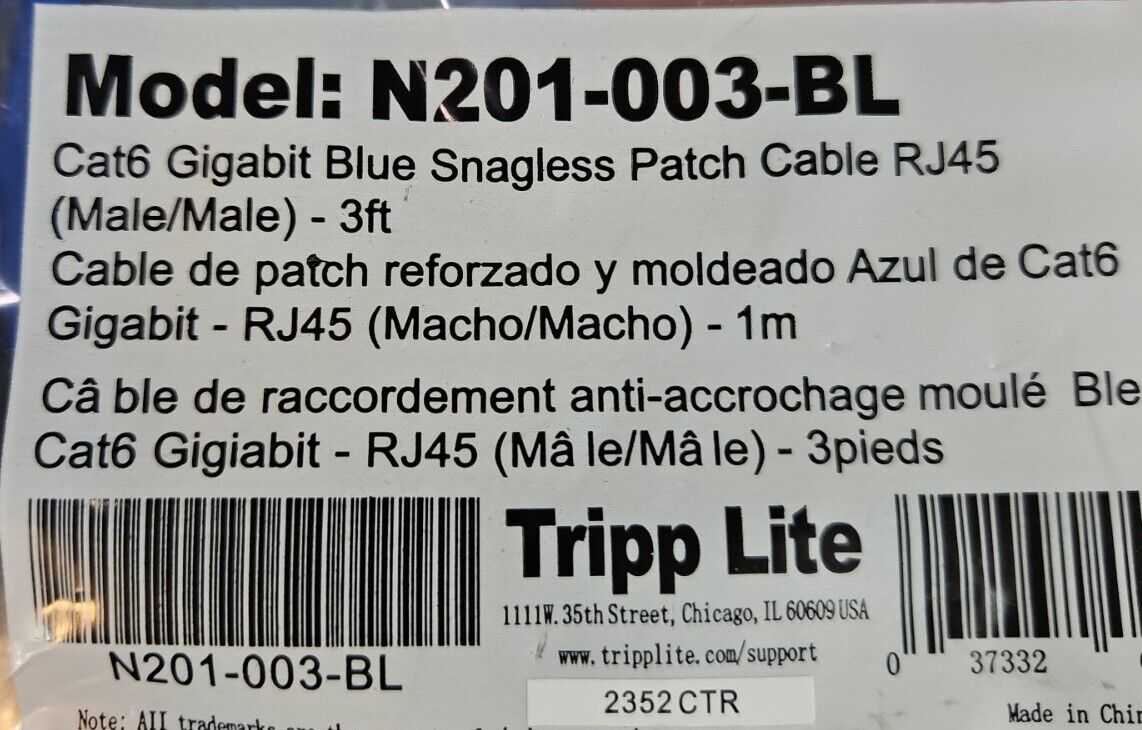 Tripplite N201-003-BL Cat Gigabit Blue Snagless Patch Cable RJ45(3ft).     5E-17