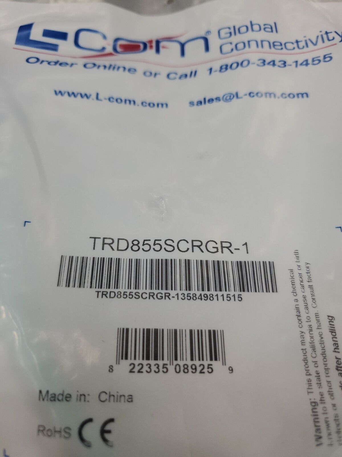 L-COM TRD855SCRGR-1 Network Cable Assembly - 1FT.                             5E