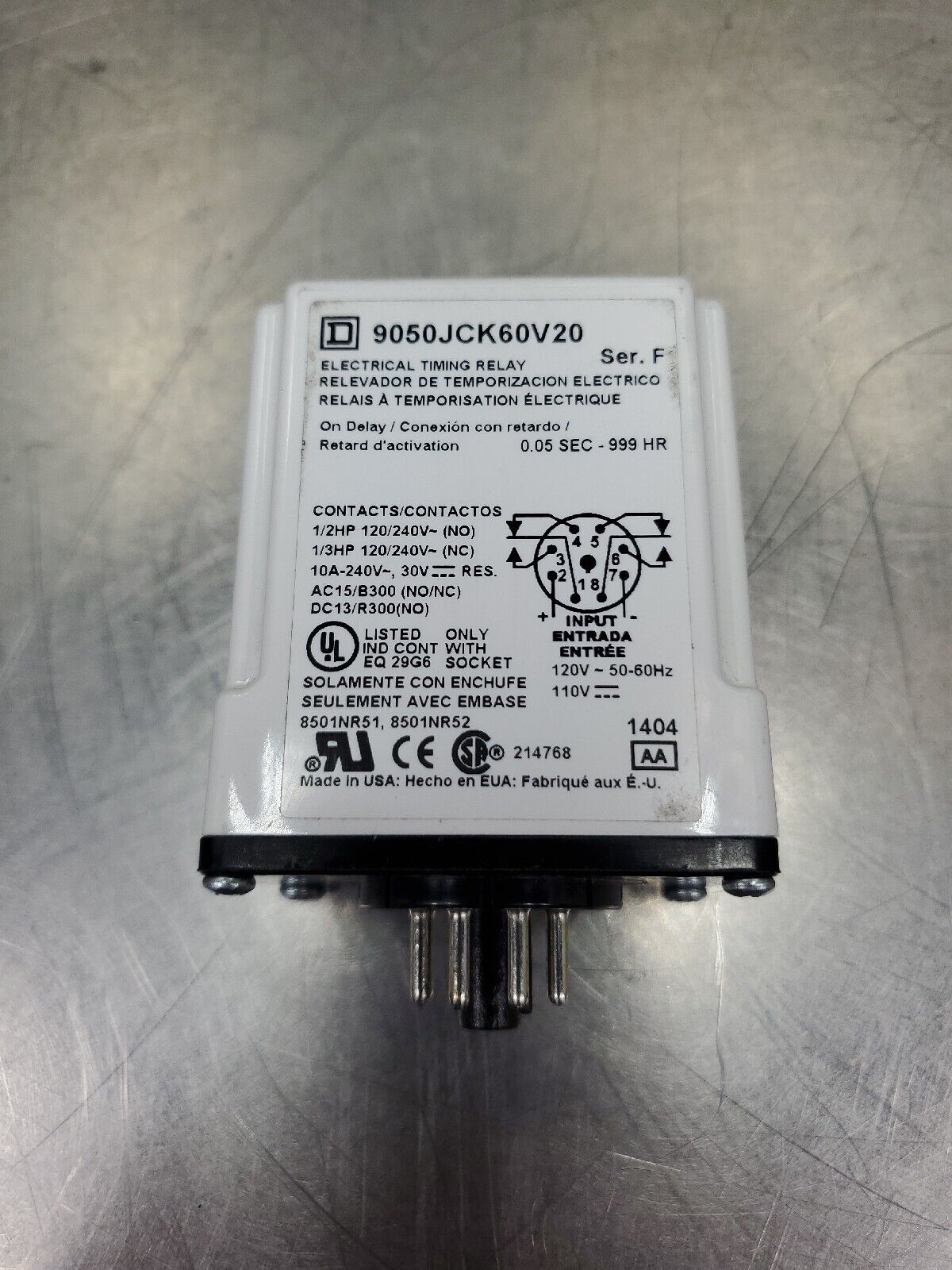 SQUARE D 9050JCK60V20 SER. F 120VAC 50/60HZ ELECTRICAL TIMING RELAY.        4D-3