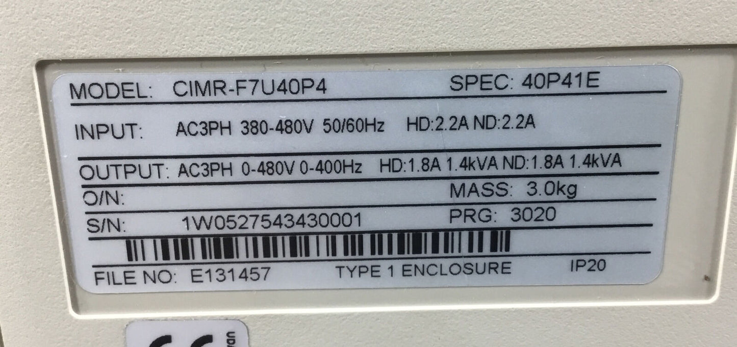 YASKAWA ELECTRIC  CIMR-F7U40P41E  Vari-Speed F7 Drive 3Ph 0-480VAC 1.8A   1B
