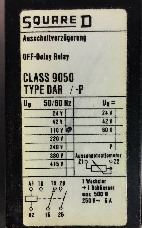 SQUARE D 9050-DAR10 Off-Delay Relay 110V 0.5-10 Sec.    4C