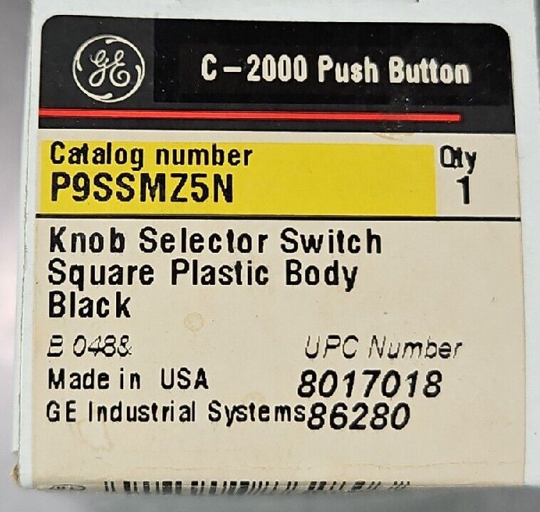 GE P9SSMZ5N Knob Selector Switch Square Plastic Body Black             Loc 4E-13