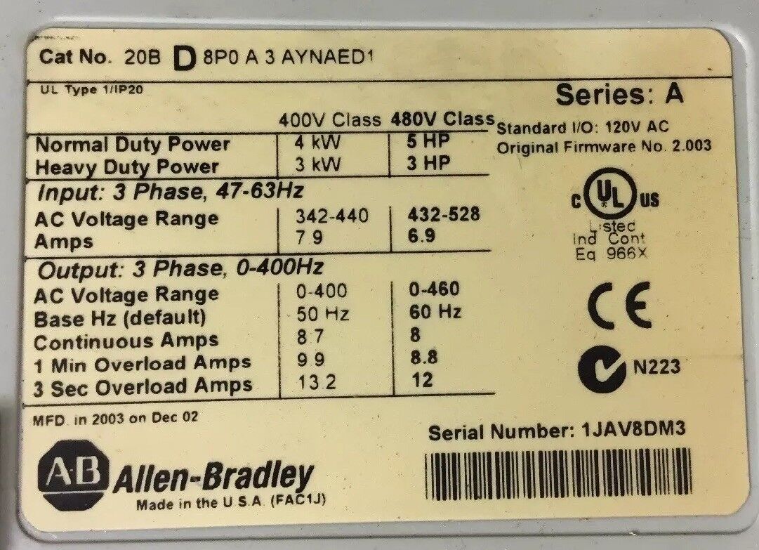 Allen-Bradley 20BD8P0A3AYNAED1 /A AC Drive 5 HP 480V 3Ph 8A W/O Cont. Board  1B