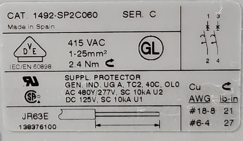 Allen-Bradley 1492SP2C060 Ser C Circuit Breaker.                           4E-18
