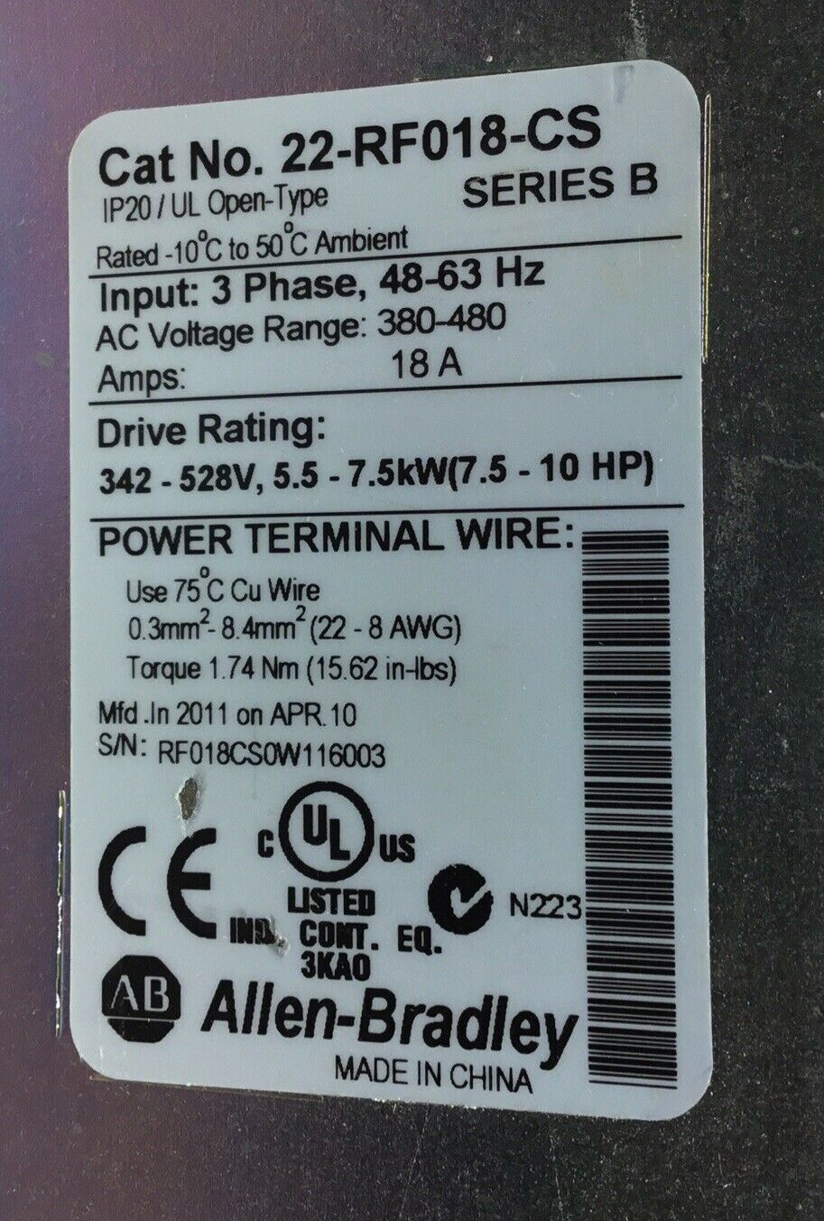 ALLEN BRADLEY 22-RF018-CS / B 48-63Hz 380-480V 18A   4G
