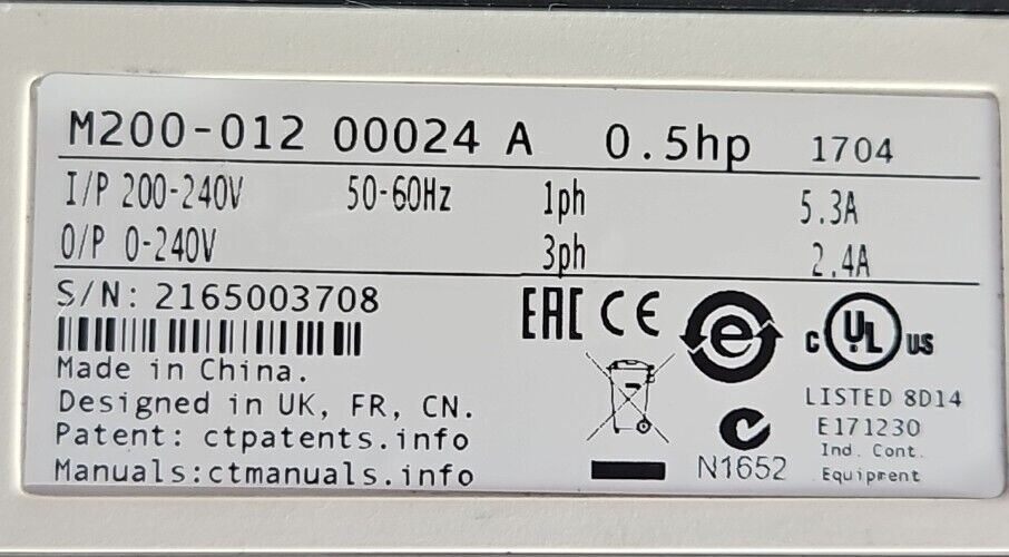 Emerson M200-012 00024A 0.5hp I/P 200-240V O/P 0-240V.                    Loc1D1