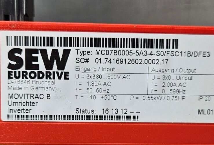 SEW EURODRIVE MC07B0005-5A3-4-S0 Movitrac B Drive                             1D