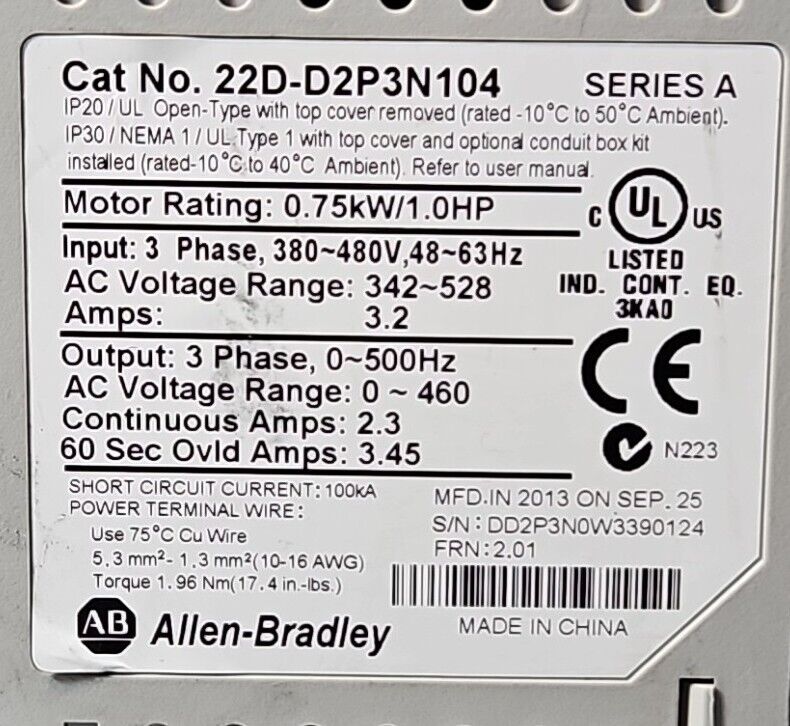 Allen-Bradley 22D-D2P3N104 SerA. AC DRIVE.                             Loc1B-17