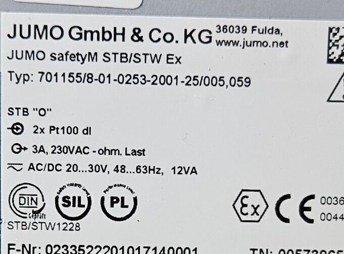 Jumo GmbH Safety M STB/STW Ex. Type:701155/8-01-0253 Safety Temp Limiter.  4E-22