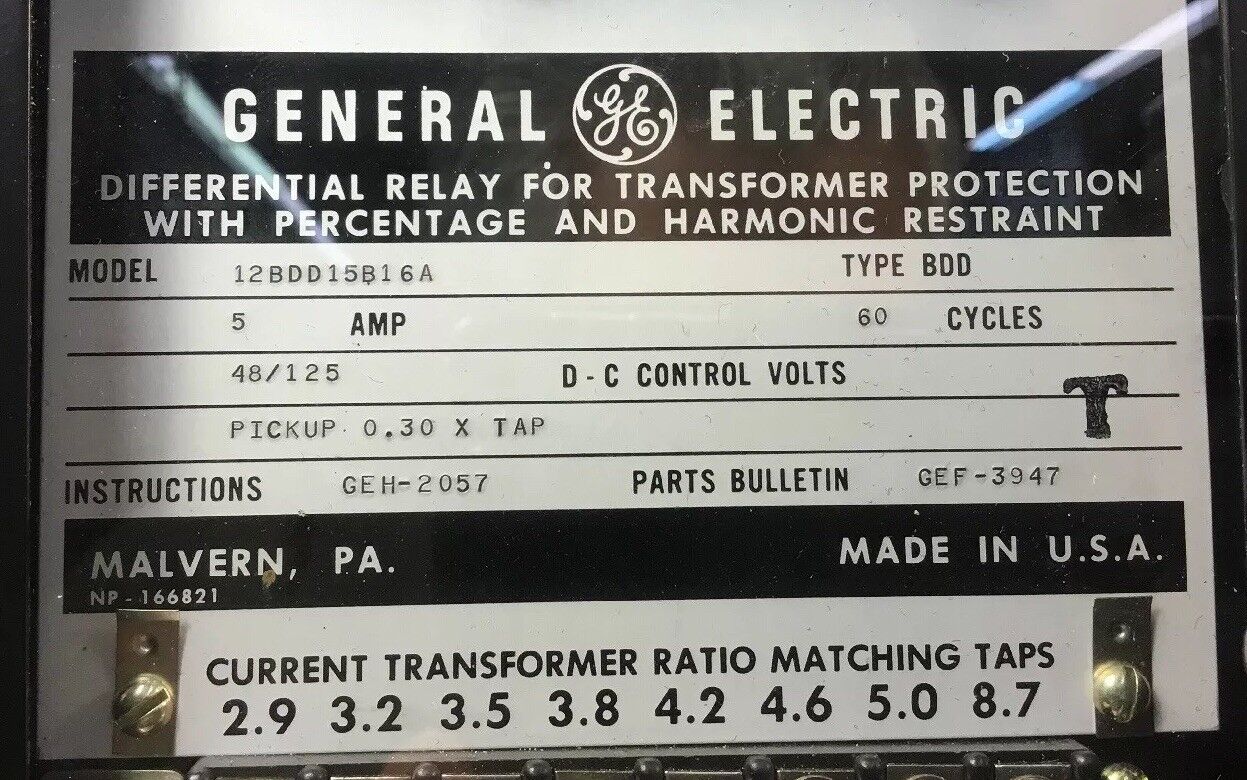 GENERAL ELECTRIC 12BDD15B16A Differential Protection Relay 5A 48/125V.  Loc.Wall