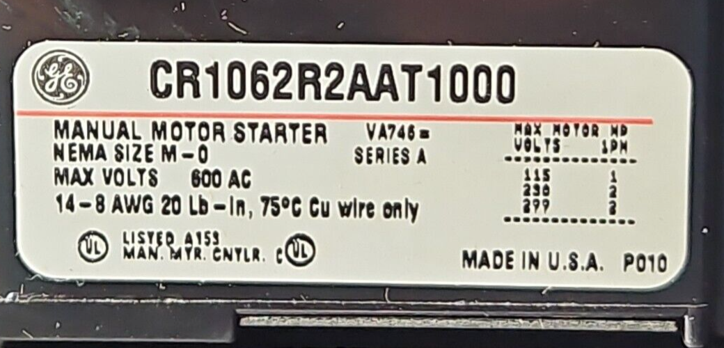 GE CR1062RAAT1000 MANUAL MOTOR STATER.   Loc4D29