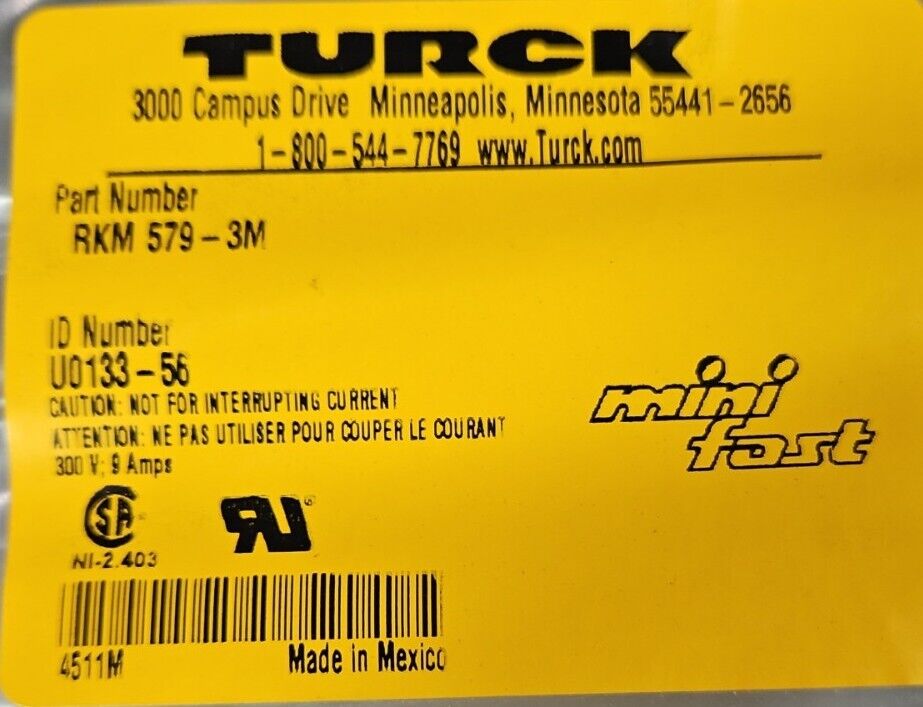 TURCK RKM 579-3M PLC Cable                                                Loc 5K