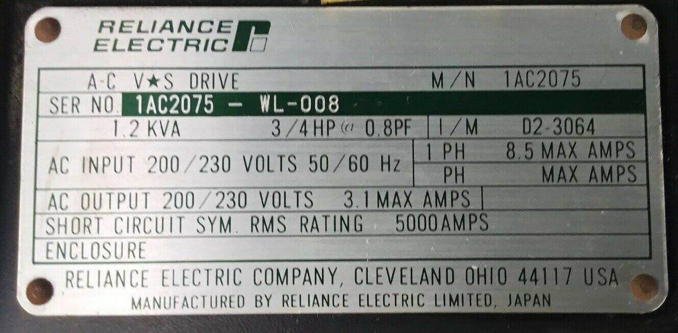 RELIANCE ELECTRIC 1AC2075 AC V*S DRIVE 3/4 HP   1F