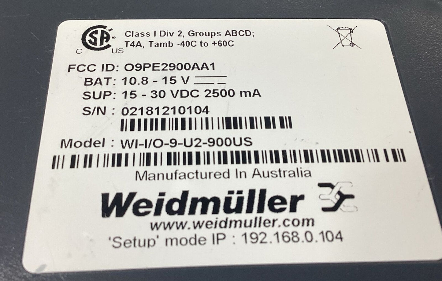 WEIDMULLER  WI-I/O-9-U2-900US  6720005011      3B-31