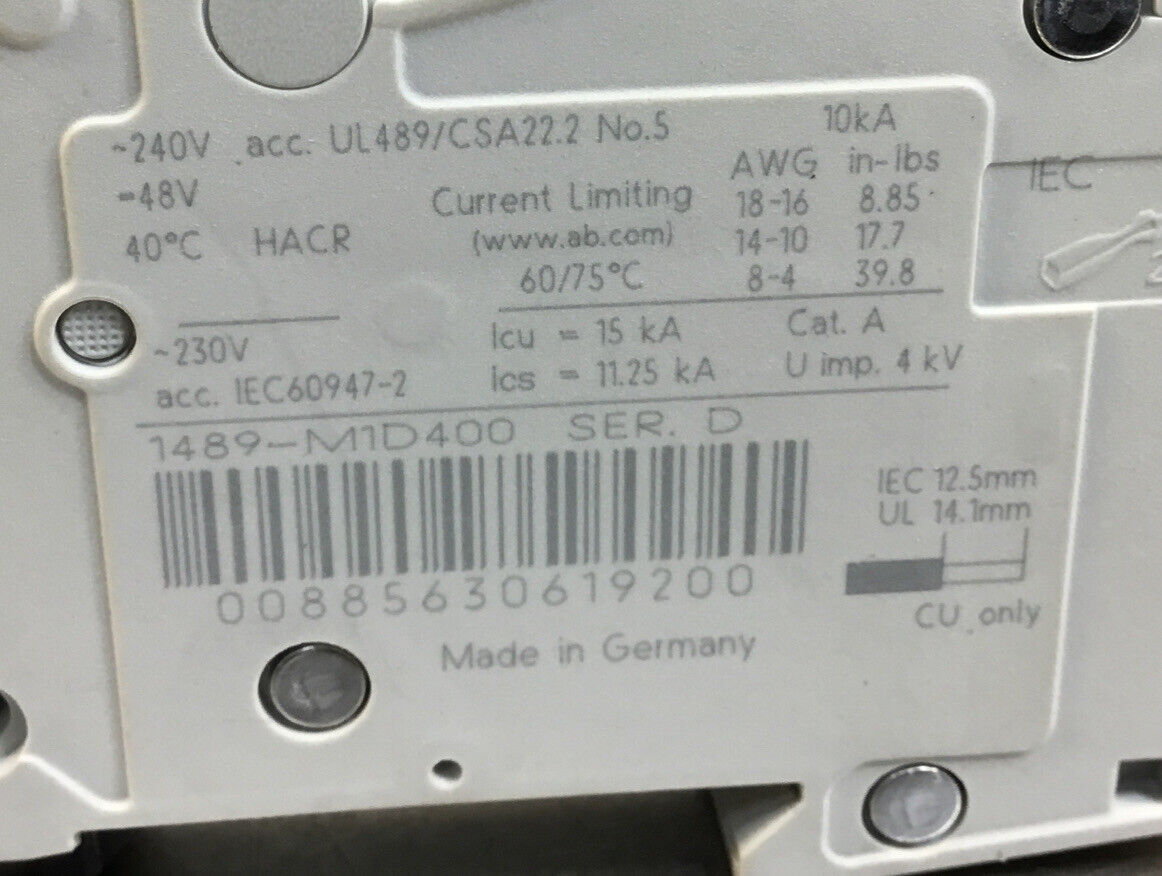 Allen Bradley  1489-M1D400  /D  1 Pole D Curve, 40A Circuit Breaker     4C