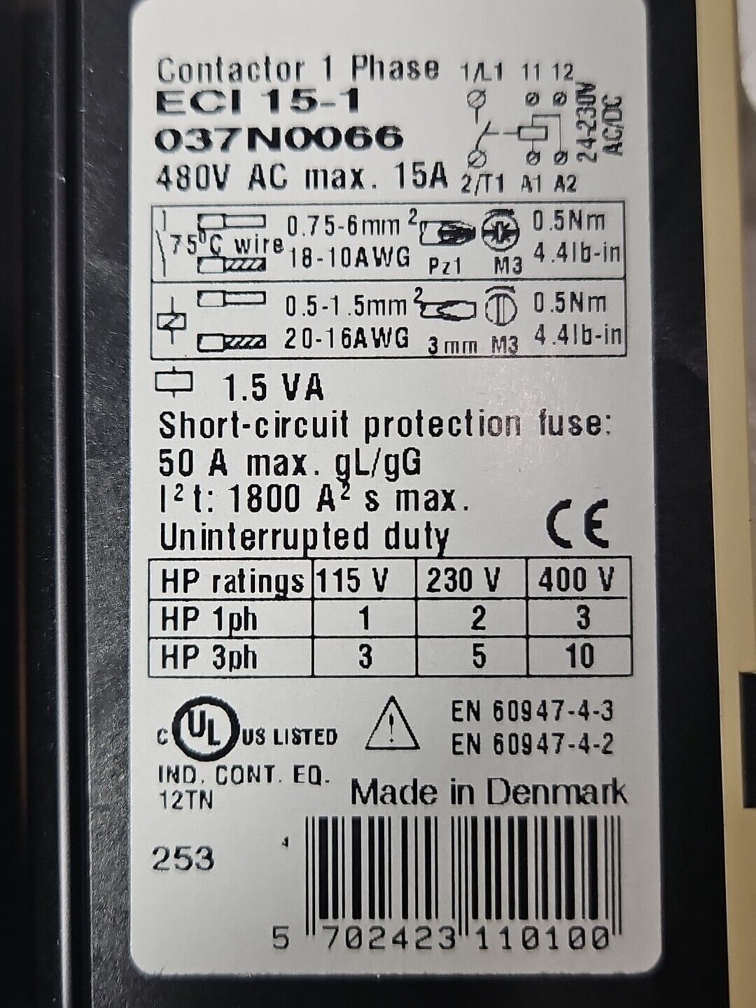 DANFOSS ECI 15-1 CONTACTOR 1 PHASE.    Loc4B24
