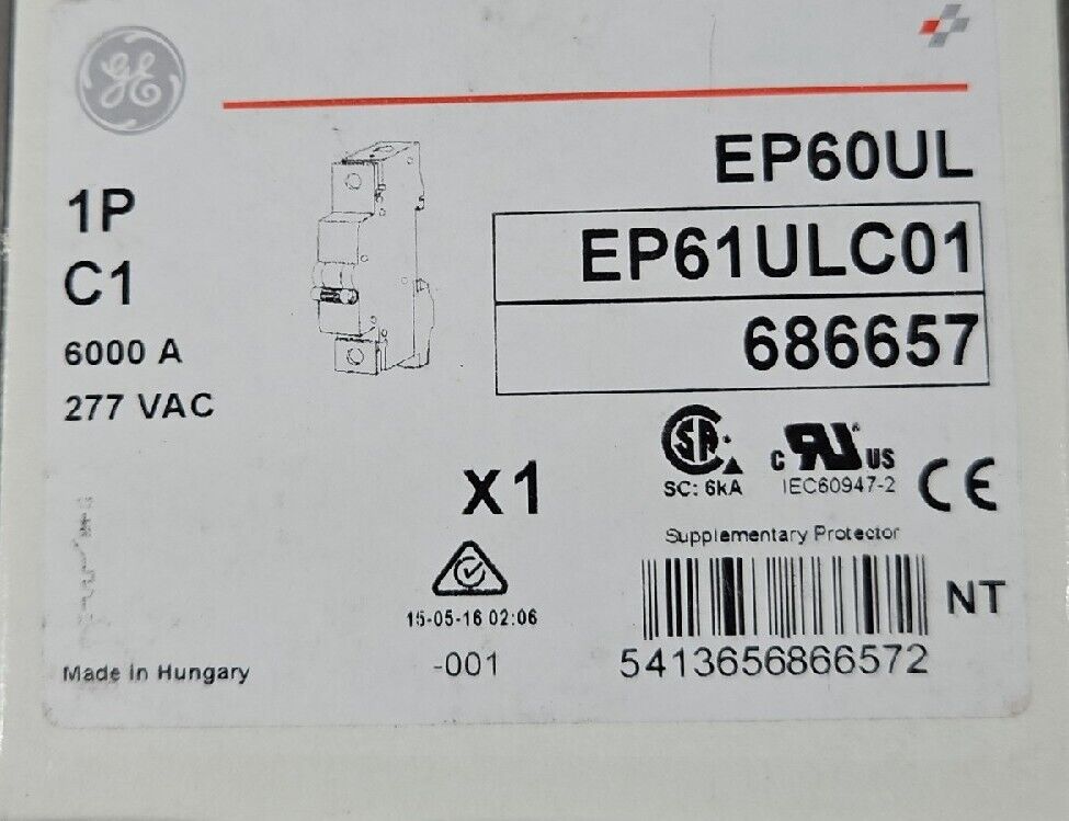General Electric EP61ULC01 Circuit Breaker, 1 Pole, 1 A, 277Vac.        Loc 4E-3