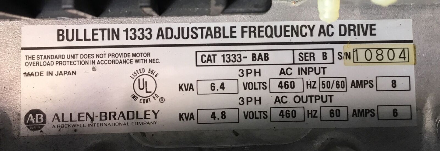 ALLEN BRADLEY 1333-BAB /B Adjustable Frequency AC Drive Out: 3Ph 4.8kVA 6A   1B