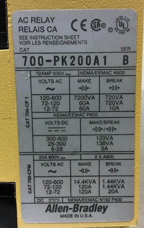 ALLEN-BRADLEY 700-PK200A1 / B MASTER CONTROL AC RELAY    4B