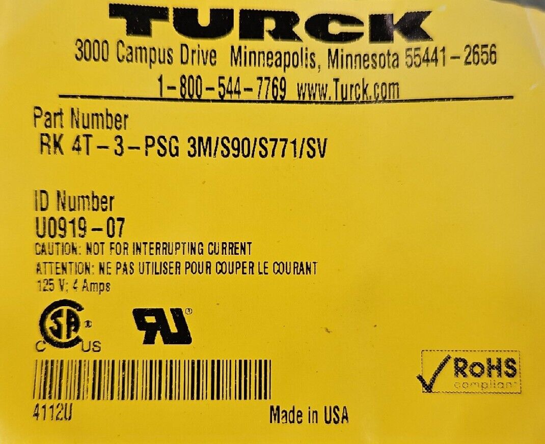 TURCK RK 4T-3-PSG 3M/S90/S771/SV PLC Cable                             Loc 5D-10
