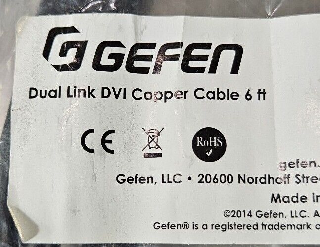 Gefen Dual Link DVI Copper Cable 6 ft CAB-DVIC-DLN-06MM.         Loc 5D-9