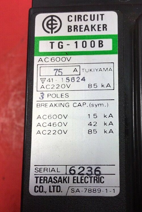 TG-100B Tersaki Circuit Breaker 75A 3 Pole with 7FH-2MC Interlock           4E-1