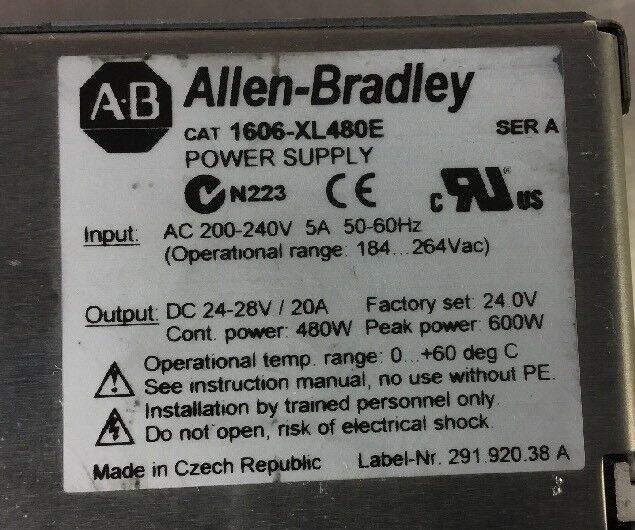 ALLEN BRADLEY 1606-XL480E POWER SUPPLY SER.A 24VDC 20A.    4C