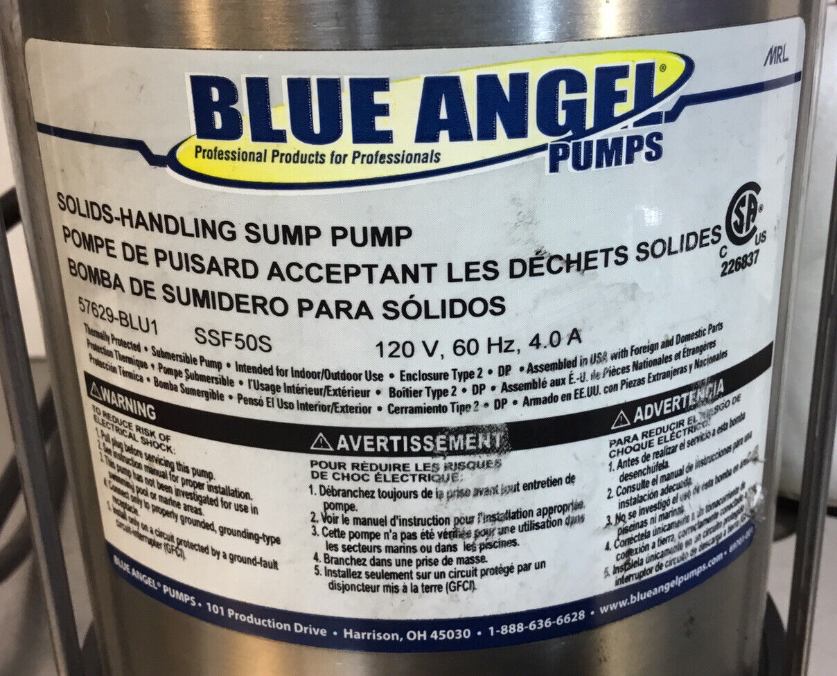 Blue Angel SSF50S 1/2 Hp Cast Iron Submersible Sump Pump w/ Automatic Switch 6E