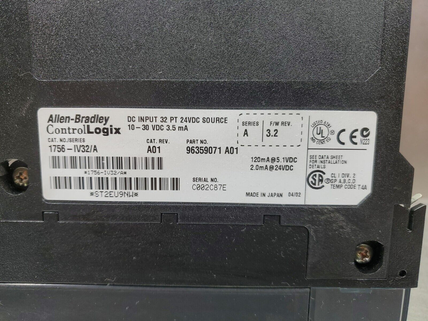 Allen Bradley 1756-IV32/A F/W 3.2 Cat Rev A01 DC 32PT 24VDC Input Module   3C-11