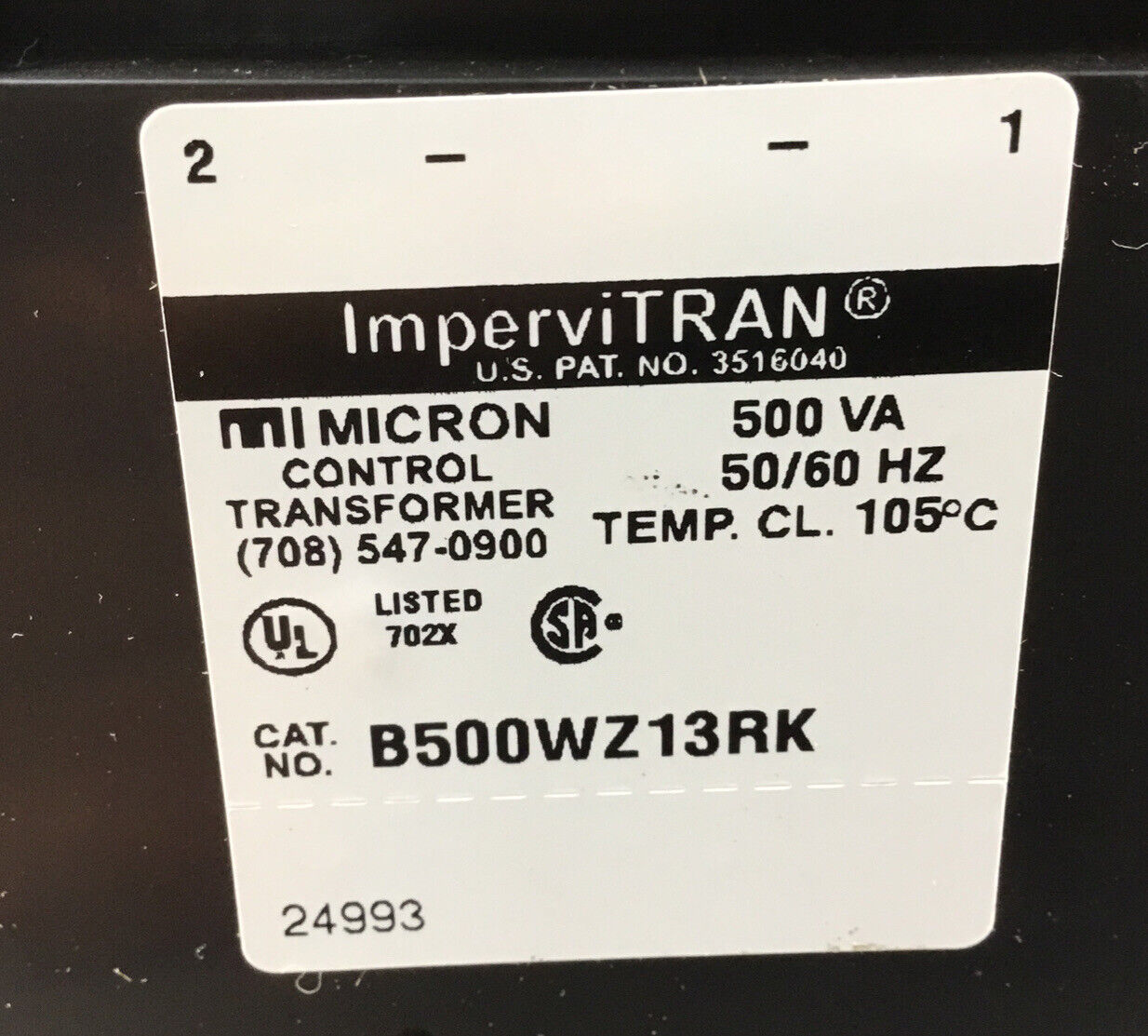 Micron  B500WZ13RK  ImperviTran Control Transformer 500VA  50/60Hz  4B