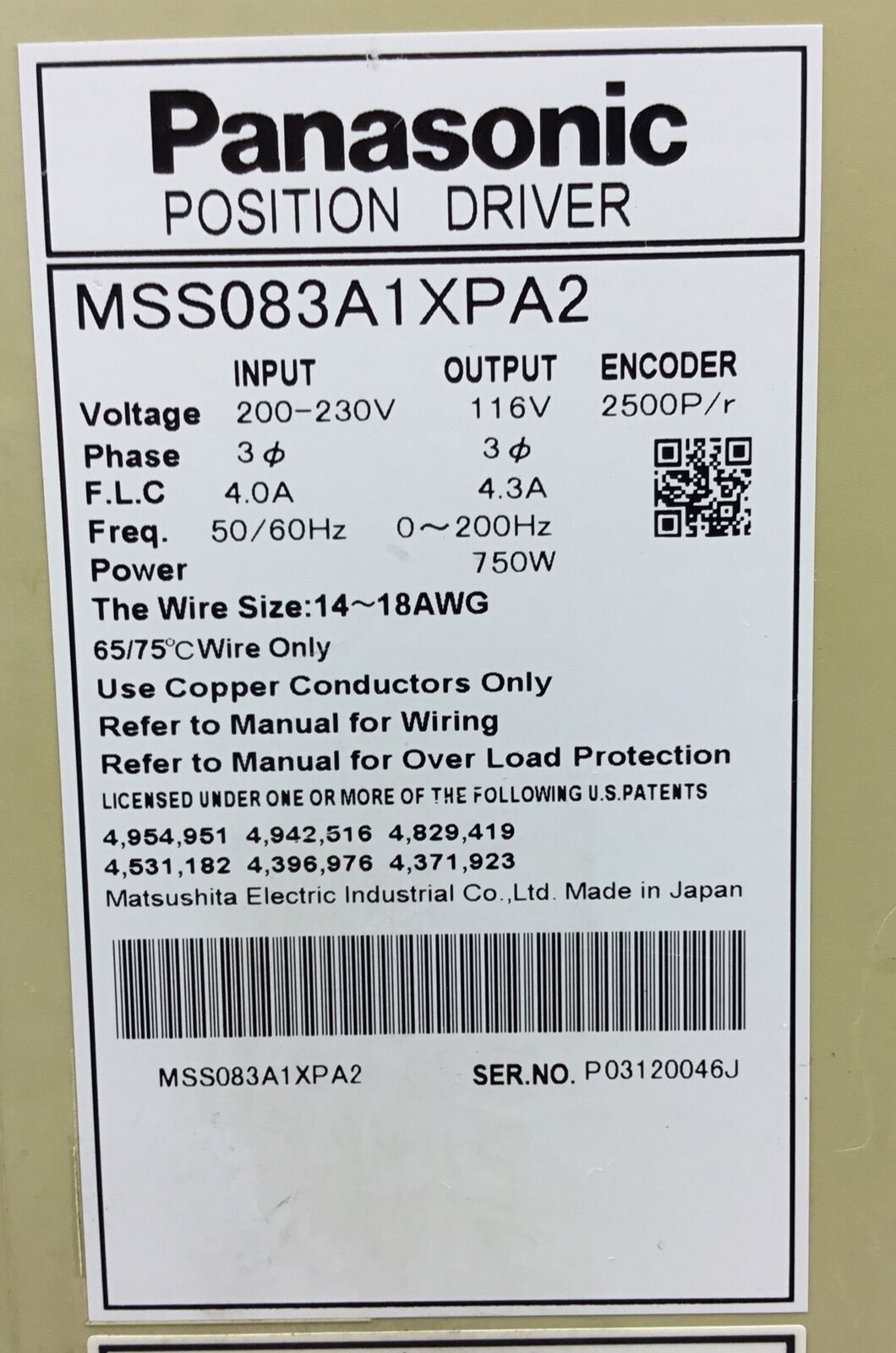 Panasonic MSS083A1XPA2, 750 Watt Position Driver 3Ph 4.3A 0-200Hz   1B