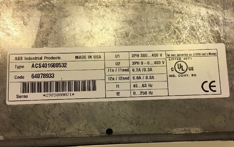 ABB 5HP AC DRIVE ACS401600532 3PH 8.8AMP 380-480VAC    1E