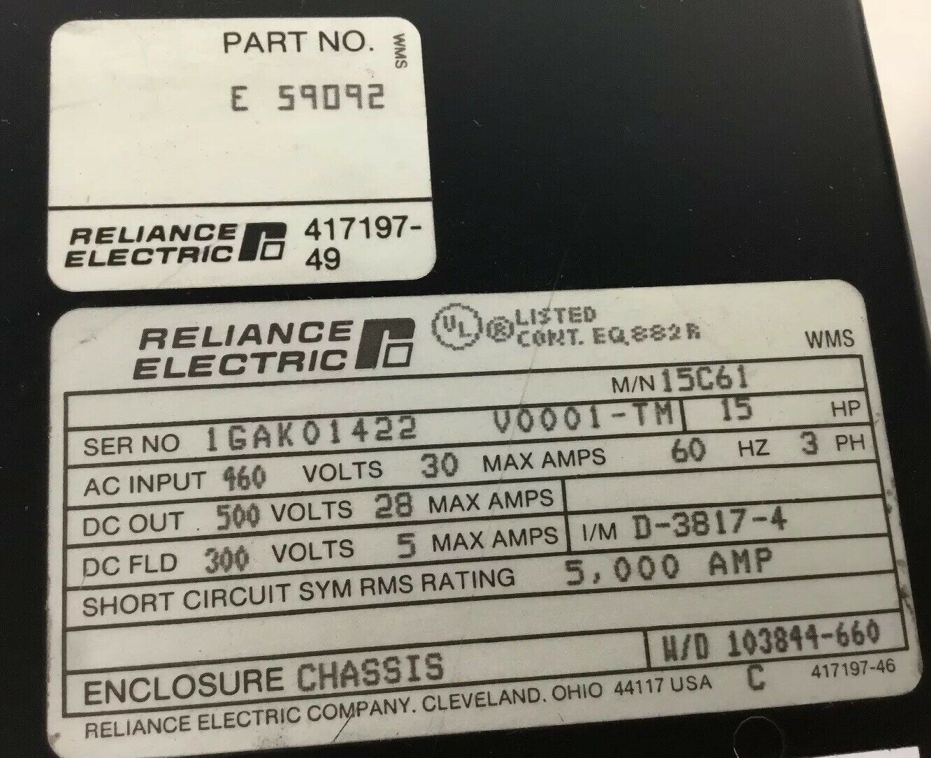 RELIANCE ELECTRIC P/N 801429-1SB V*S POWER MODULE M/N 15C61 P/N E 59092   1E