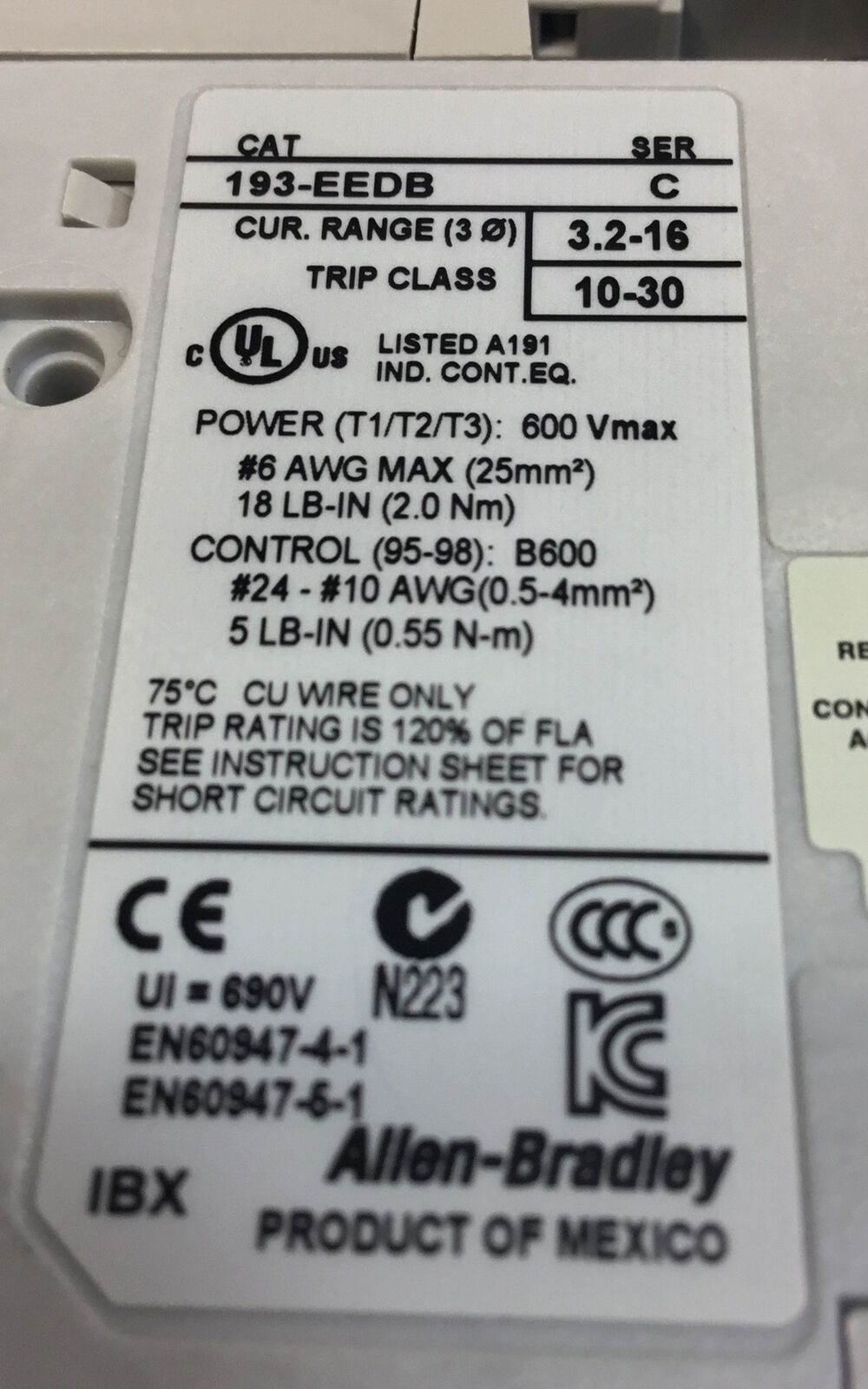ALLEN BRADLEY  100-C16E*10 /B  +  193-EEDB /C  CONTACTOR COIL 24 VDC 3.2-16A  4C