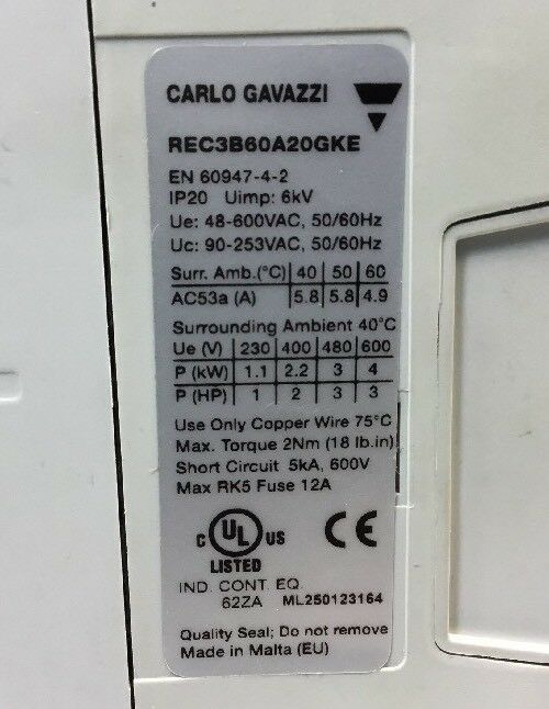 CARLO GAVAZZI REC3B60A20GKE 3 Pole Contractor 600VAC 2.2KW  Loc.4A