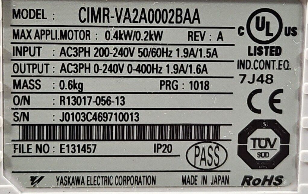 Yaskawa CIMR-VA2A0002BAA Inverter 200V 3PH 0.4 KW/0.2KW. PRG:1018.         1B-14
