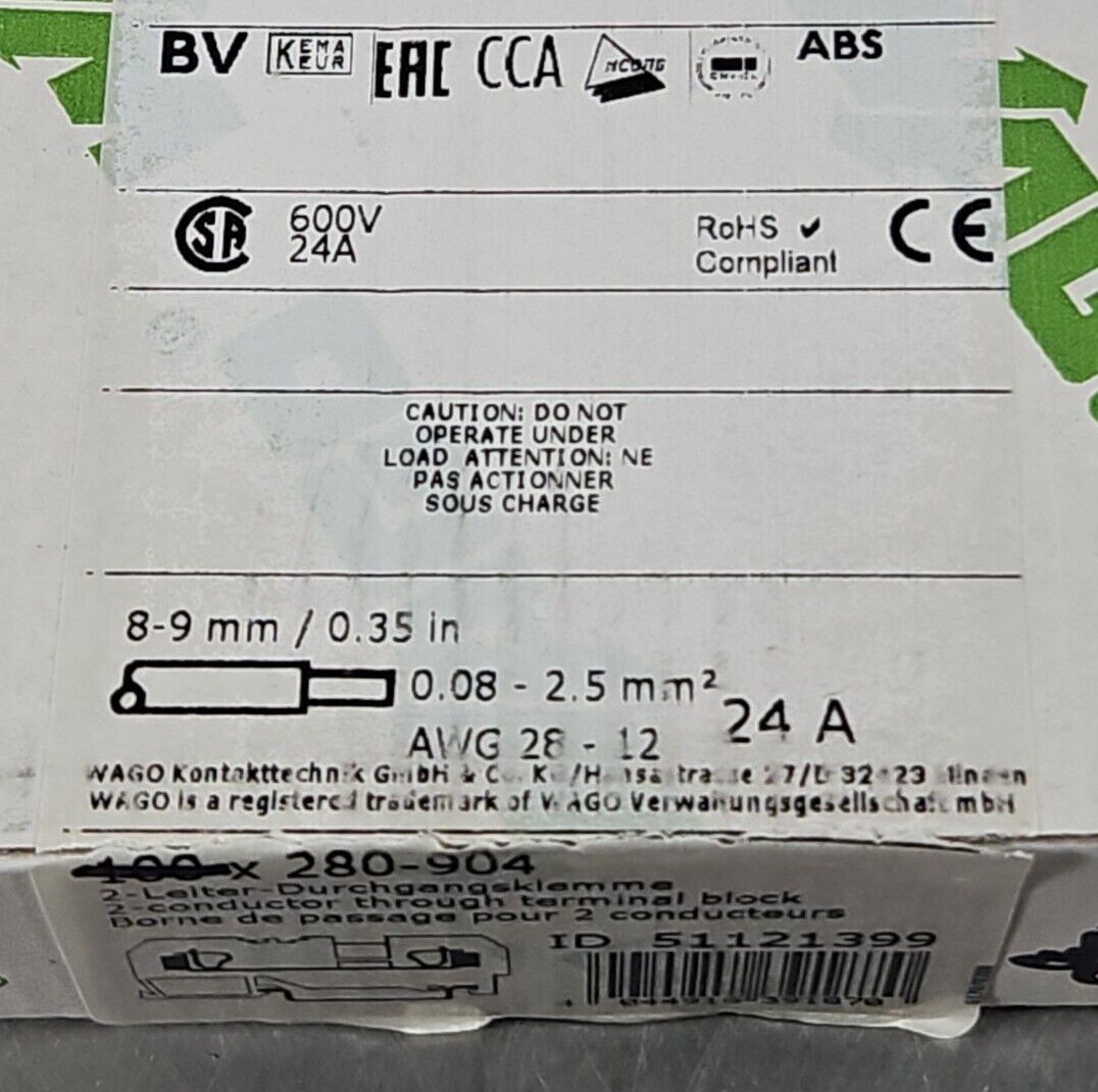 WAGO 280-904 Conductor Through Terminal Block. Box with 60. Loc 3E-48 ...