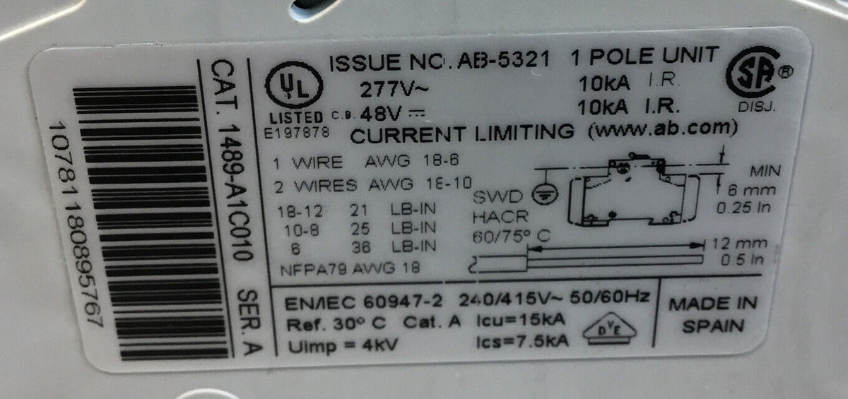 ALLEN BRADLEY CIRCUIT BREAKER  1489-A1C010 /A  1A 1 Pole    4G