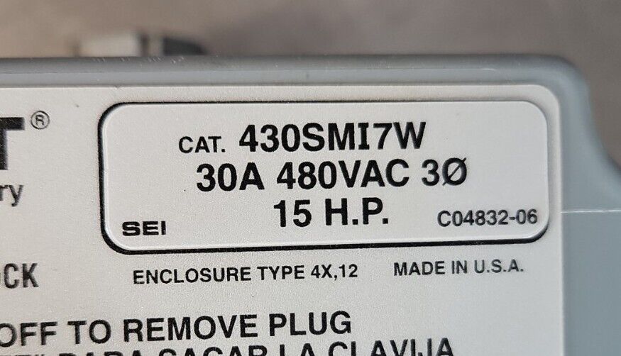 BRYANT 430SMI7W 30A, 480VAC, 15 H.P. Pin & Sleeve Mechanical Interlock     6C-10