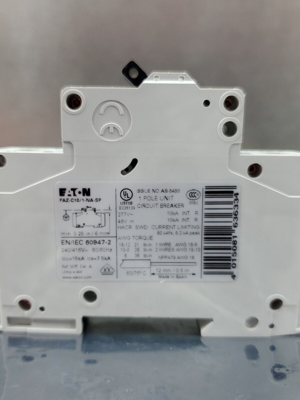 Eaton FAZ-C10/1-NA-SP EN/IEC 10 A, 277/480V AC Circuit Breaker.             4E-7