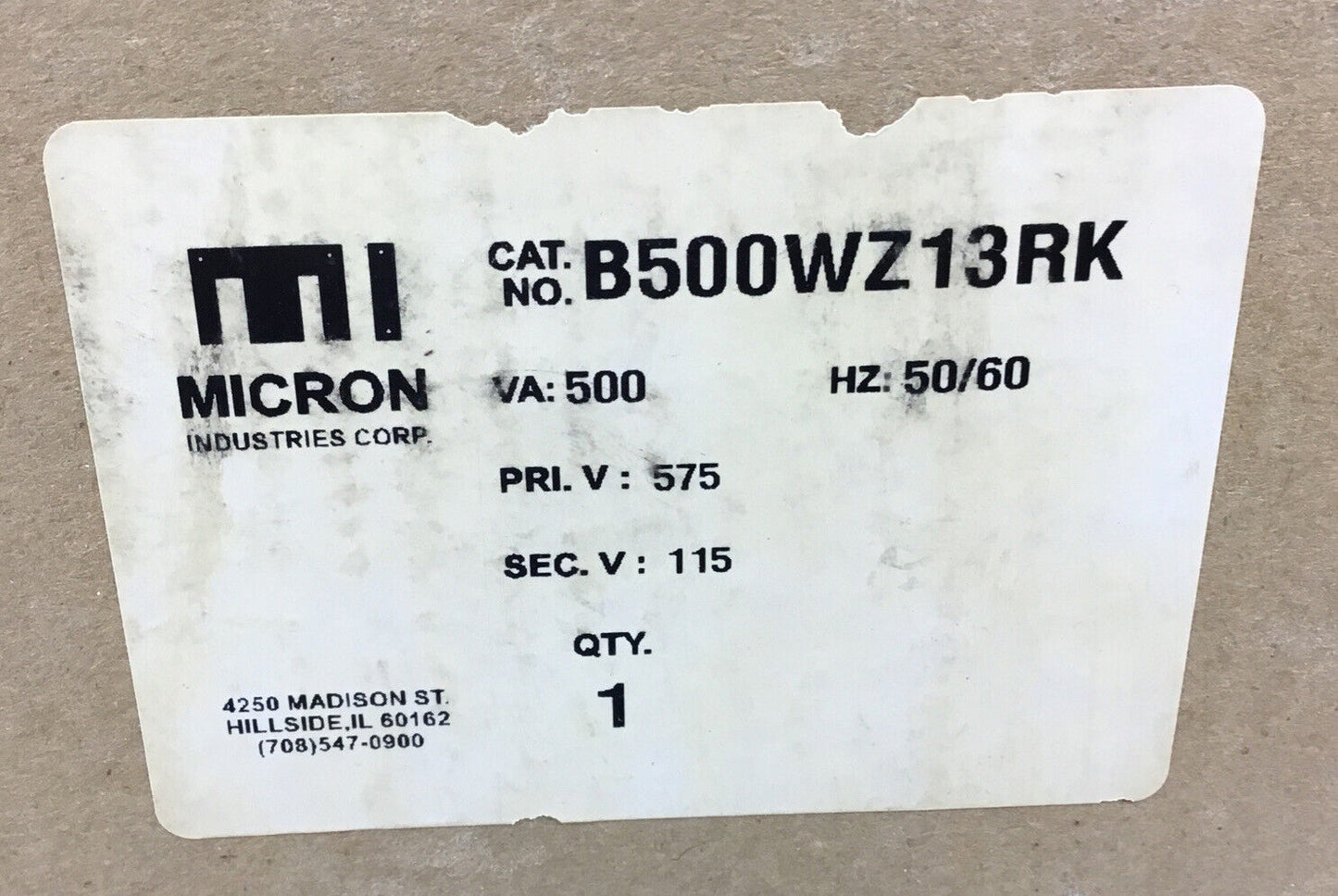 Micron  B500WZ13RK  ImperviTran Control Transformer 500VA  50/60Hz  4B