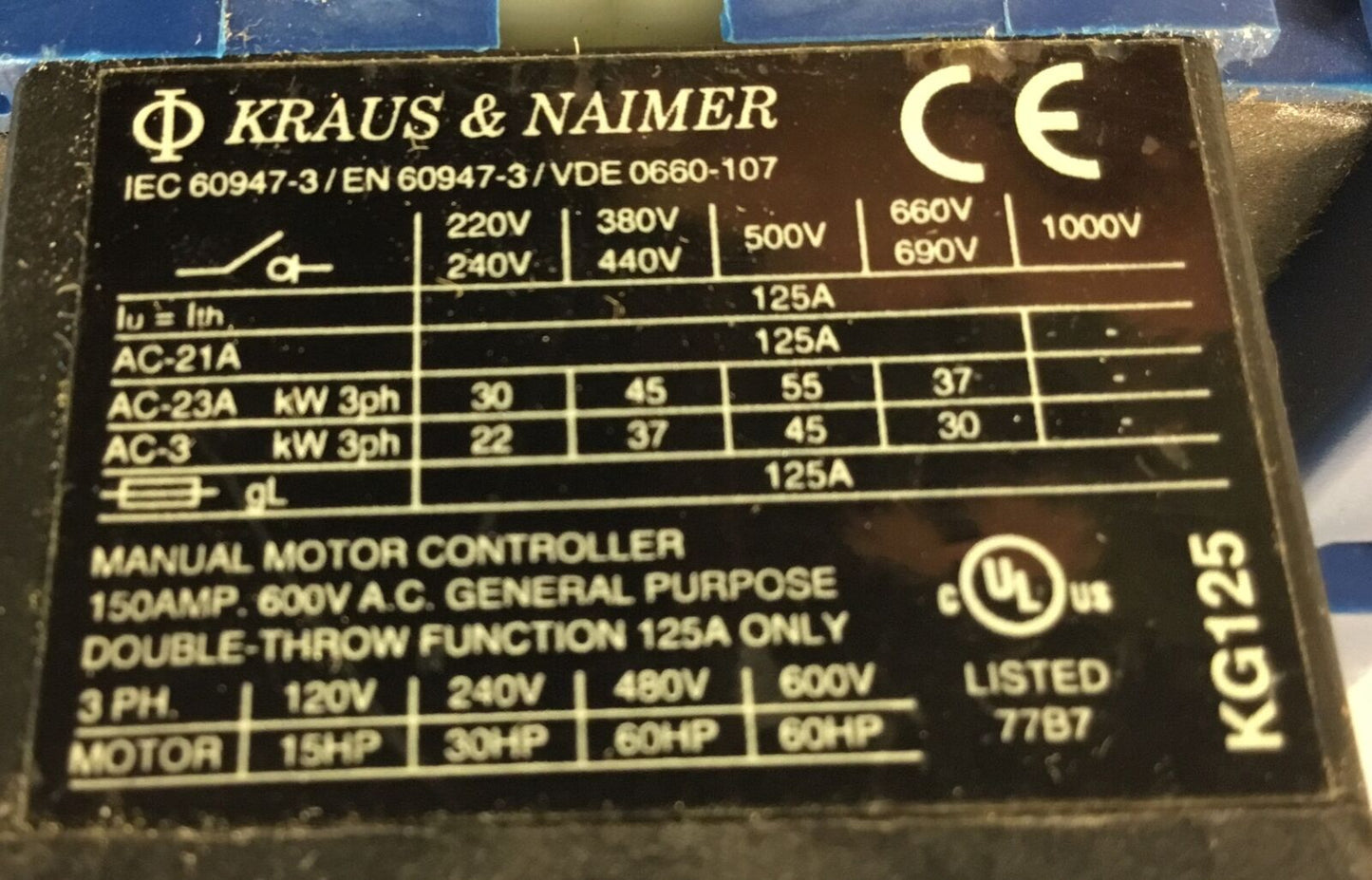 Kraus & Naimer KG125 - 125A 600VAC Power/Motor Disconnect Switch - 3 phase  4E-5