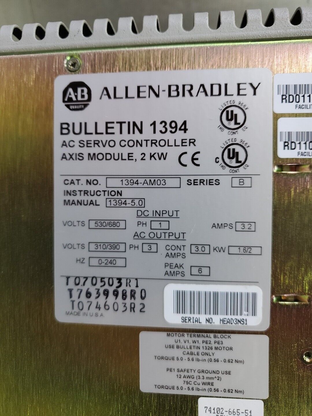 Allen Bradley 1394-AM03 SER. B AC Servo Controller.                          1D