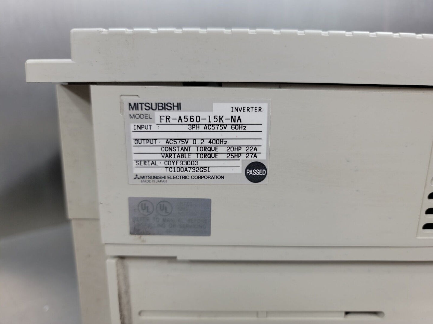 MITSUBISHI FR-A560-15K-NA INVERTER 20-25HP (22A-27A) 575V Class Drive loc.1B